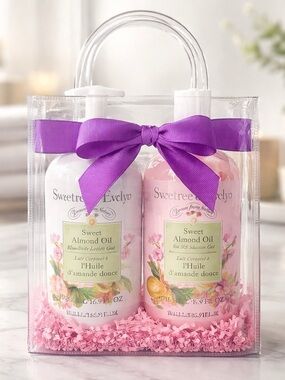 Crabtree & Evelyn Sweet Almond Oil Duo in Pink & White with Purple Bow